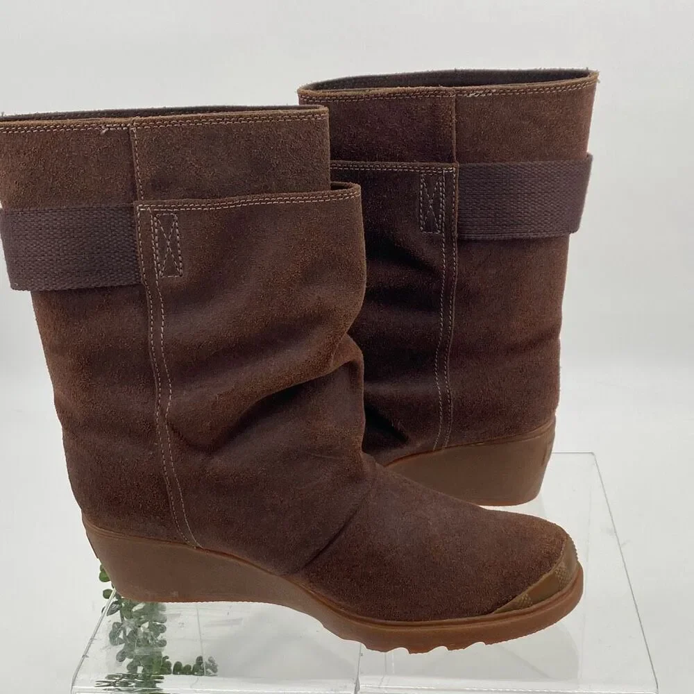 New Sorel‎ Toronto Mid Wedge Bootie Leather Brass Buckle -Brown size 9